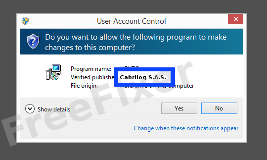 Screenshot where Cabrilog S.A.S. appears as the verified publisher in the UAC dialog